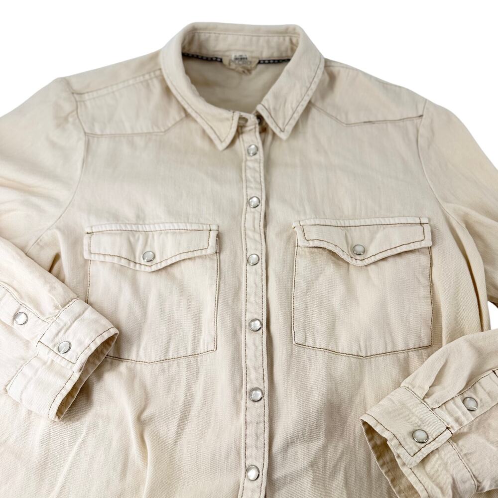 Pilcro Pearl Snap Western Shirt Womens S Ivory Shirred Back Boho Cowgirl